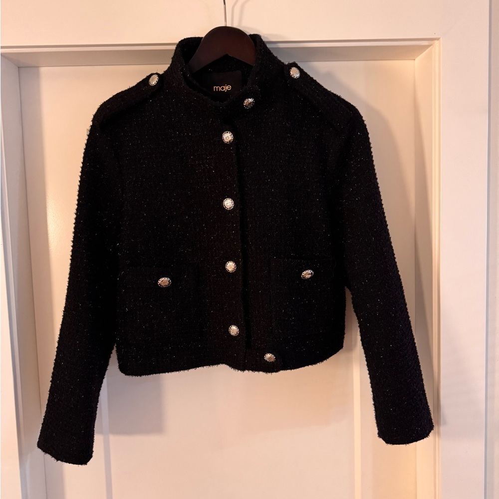 Maje Black Tweed Blazer with Silver Buttons